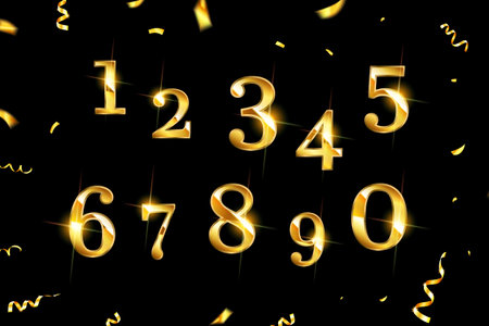 Set of Elegant Gold Colored Metal Chrome numbers. golden numbers 1, 2, 3, 4, 5, 6, 7, 8, 9 0 logo designのイラスト素材