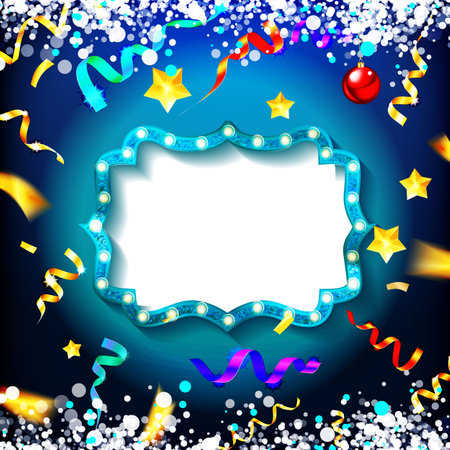 2022 Christmas and Happy New Year greeting card background. Xmas ball on winter landscape decoration designのイラスト素材