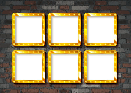 Gold frame on brick wall. vector illustrationのイラスト素材