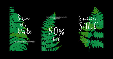Trendy Summer Tropical Leaves Vector Design. On a black background. A set of templates.のイラスト素材