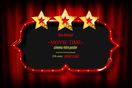 Blank movie, theater or casino marquee with stars isolated on red background. vector illustrationのイラスト素材
