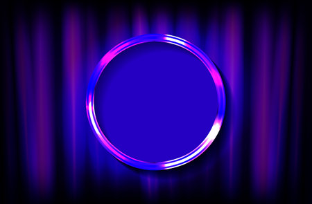 Empty blue and black cylinder podium with copper border on gold circle arch and curtain background. Abstract minimal studio 3d geometric shape object. Pedestal mockup space of product design.のイラスト素材