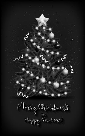 Christmas black and white card with a Christmas tree. vector illustrationのイラスト素材