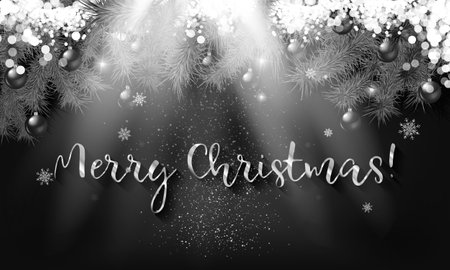 Christmas black and white background with hanging Christmas balls. Happy New Year decoration. Elegant Xmas banner or poster. copyspace. vector illustration.のイラスト素材