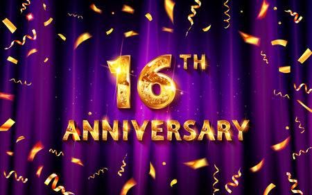 16 year anniversary card. Happy 16 year old birthday. Beautiful purple gradient color card with glitter and golden lettering. Modern design for celebration.のイラスト素材