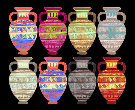 A set of ancient amphorae. The meander ornament. An ancient Greek vase with a sinuous pattern. An antique ceramic jug or vessel. old pottery. Vectorのイラスト素材