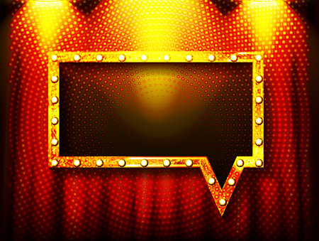 Shining isolated retro bulb light frame arrow on red background. Vintage style banner, sign, signboard. Perfect template for shows, casino, cinema, circus. In red. vector illustrationのイラスト素材