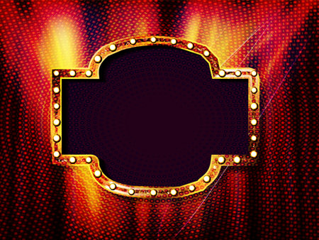 Shining isolated retro bulb light frame arrow on red background. Vintage style banner, sign, signboard. Perfect template for shows, casino, cinema, circus. In cosmic color. vector illustrationのイラスト素材