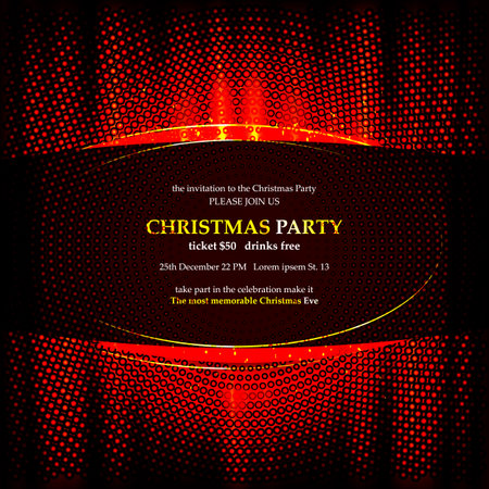 Christmas party poster template with gold shining ornaments. Made of snowflakes, gift, bells, star, christmas ball. vector illustrationのイラスト素材