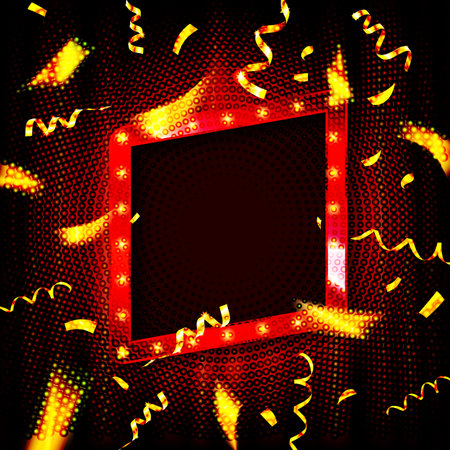 Glowing lights retro frame for advertising design. special light effects. Colorful stage lights background. Vector background show. Studio backdrop with confetti. Illuminated square realistic banner.のイラスト素材