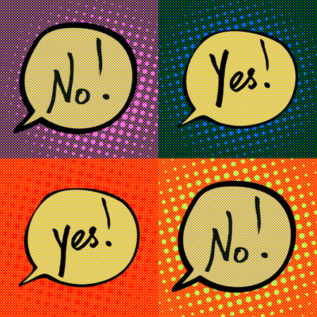 Yes and No speech bubble in retro comic style. Vector flat illustrations. Comics boom. Suitable for vote, quiz or communication.のイラスト素材