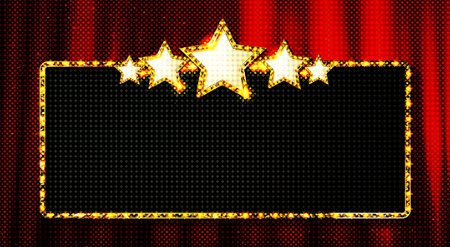 Retro rectangular banner sign with red frame and glowing bulbs. Colorful vintage advertisement billboard with space for text and reflection. vector illustrationのイラスト素材