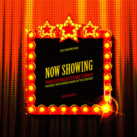 Cnema golden square frame with shining light bulbs on red curtains background. vector illustrationのイラスト素材