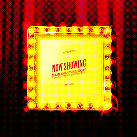 Cnema golden square frame with shining light bulbs on red curtains background. vector illustrationのイラスト素材