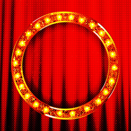 Cinema Theater vector and circle sign gold light up curtains red design background, Round retro frame with light bulbs. vector illustrationのイラスト素材