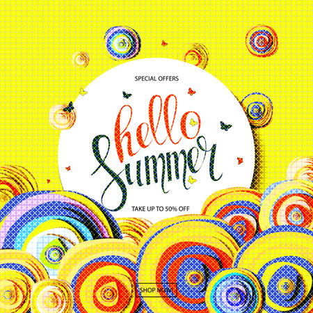 Romantic write with quote Hello summer. card template. Pale pink roses and peonies with gray leaves on the striped pink background. vector illustration.のイラスト素材