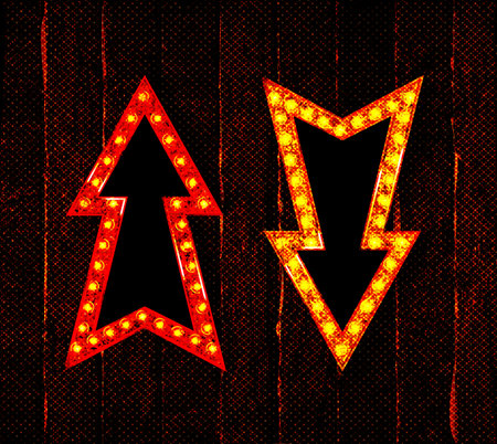 Vector realistic 3d volumetric icon on marquee sign turning right arrow it up with electric bulbs. Retro looking presentation design element curve arrow glowing with lampsのイラスト素材