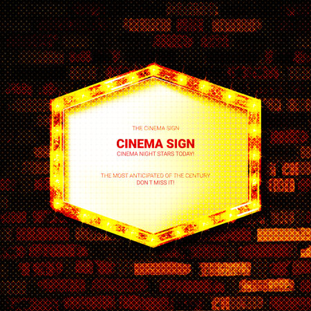 Now Showing announcement board with bulb frame on the background of a vintage brick wall. Vector Illustration EPS10のイラスト素材