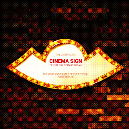 Now Showing announcement board with bulb frame on the background of a vintage brick wall. Vector Illustration EPS10のイラスト素材