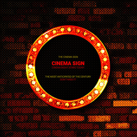 Round frame with glowing shiny light bulbs, vector illustration. Shining party banner on red curtain backgrounds and stage podium. Signboard with lamps border for lottery, casino, poker, roulette.のイラスト素材