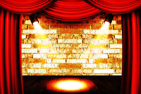 Gold frame in cinematic style on brick wall and red curtain background with spotlights. vector illustrationのイラスト素材