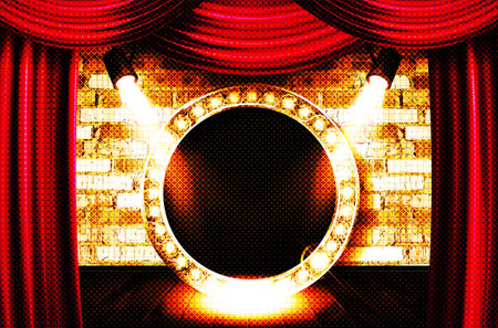 Gold frame in cinematic style on brick wall and red curtain background with spotlights. vector illustrationのイラスト素材