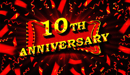 10th anniversary celebration. Golden numbers with sparkling confetti, stars, glitter and streamer ribbons. Vector holiday illustration. Realistic 3d sign. party event decorationのイラスト素材