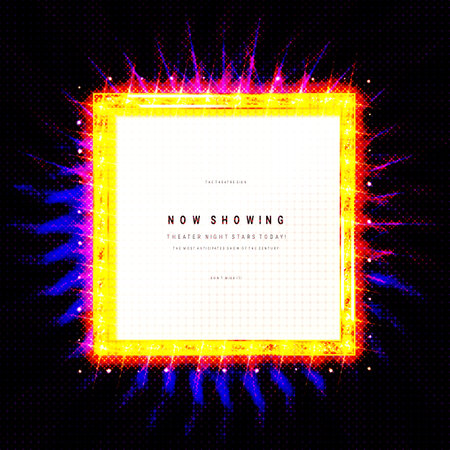 Vector realistic 3d volumetric background on marquee mirror lit up with electric bulbs featuring sample text. Retro looking presentation design element square frame glowing with lampsのイラスト素材