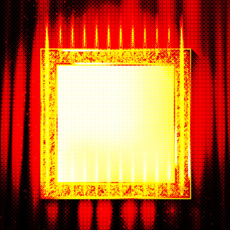 Vintage square gold frame with light bulbs on a red curtain background. A spectacular banner. Vector illustrationのイラスト素材