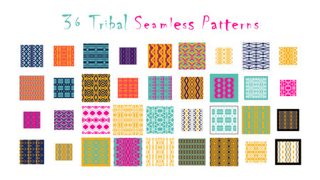 Set of 36 tribal seamless patterns. Indian geometric backgrounds. Stylish Navajo fabric. Modern abstract Wallpaper. Vector illustration.のイラスト素材