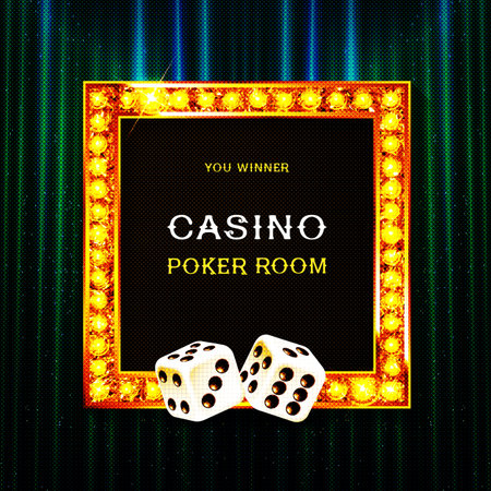 Frame with glowing shiny LED light bulbs, vector illustration. Red gold poker chip shining casino banner color background. Signboard lamps border for casino, poker, roulette, black jackのイラスト素材