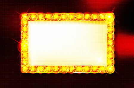 Frame with glowing shiny LED light bulbs, vector illustration. Red gold poker chip shining casino banner color background. Signboard lamps border for casino, poker, roulette, black jackのイラスト素材