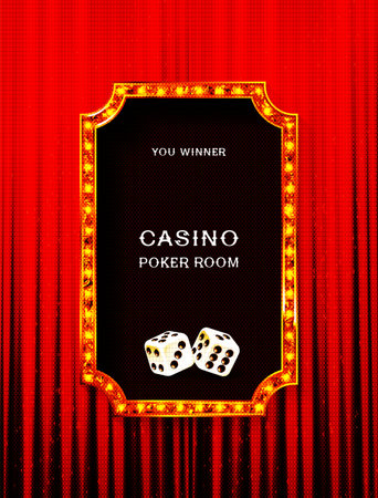 Frame with glowing shiny LED light bulbs, vector illustration. Red gold poker chip shining casino banner color background. Signboard lamps border for casino, poker, roulette, black jackのイラスト素材