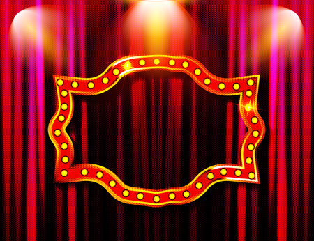 Vintage gold sign with light bulbs on the background of a red curtain. Vector illustrationのイラスト素材