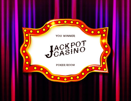 Vintage gold sign with light bulbs on the background of a violet curtain. Vector illustrationのイラスト素材