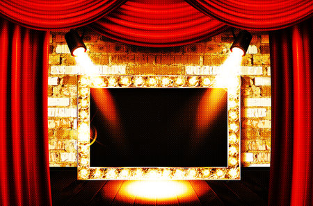 Retro frame red curtain. Cinema or circus banner vintage theater lighting sign with show announcement luminous rectangular billboard with glowing bulbs. Luxury and signboard with copy space vector backdropのイラスト素材