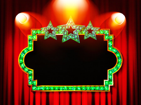 Theater frame illuminated by spotlight. Retro cinema sign with border decorated with lamps on red curtains background. Vintage movie or play premiere, seats for audience illustration. Vector illustrationのイラスト素材