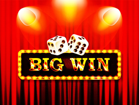 Now Big Win in cinema banner design. Old classic Retro theater billboard sign on theater stage red curtain backdrop with double spotlight vector illustration background template.のイラスト素材
