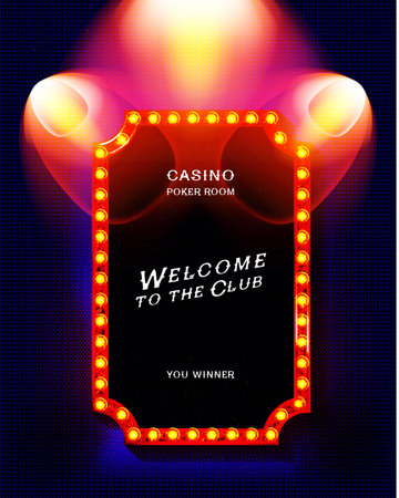 Now jackpot in cinema banner design. Old classic Retro theater billboard sign on theater stage red curtain backdrop with double spotlight vector illustration background template.のイラスト素材