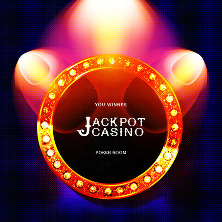 Now jackpot in cinema banner design. Old classic Retro theater billboard sign on theater stage red curtain backdrop with double spotlight vector illustration background template.のイラスト素材