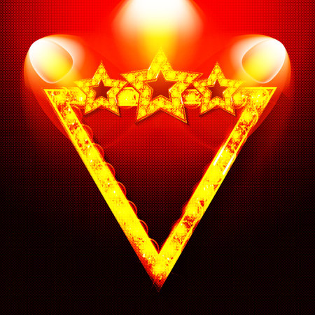 Theater frame illuminated by spotlight. Retro cinema sign with border decorated with lamps on red curtains background. Vintage movie or play premiere, seats for audience illustration. Vector illustrationのイラスト素材