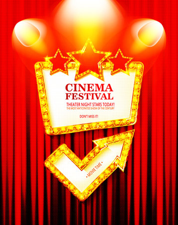Theater frame illuminated by spotlight. Retro cinema sign with border decorated with lamps on red curtains background. Vintage movie or play premiere, seats for audience illustration. Vector illustrationのイラスト素材