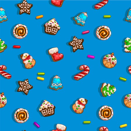 Seamless backgrounds with Christmas gingerbreads. Four versions of color, vector illustrationのイラスト素材