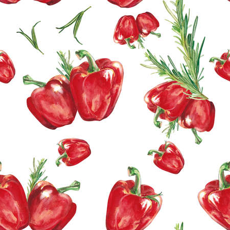 watercolor vegetables. Pattern with red pepper and rosemary. sweet pepper. Watercolor illustration on a white background. Hand drawn isolated fresh red pepper paprika. Design greeting card, packaging.の写真素材