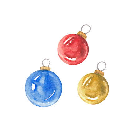 A set of Christmas balls on a white background. Watercolor New Year's illustration. Christmas decorations. Red, yellow and blue ball. Christmas. new year. Suitable for compositions, designs, postcardsの写真素材