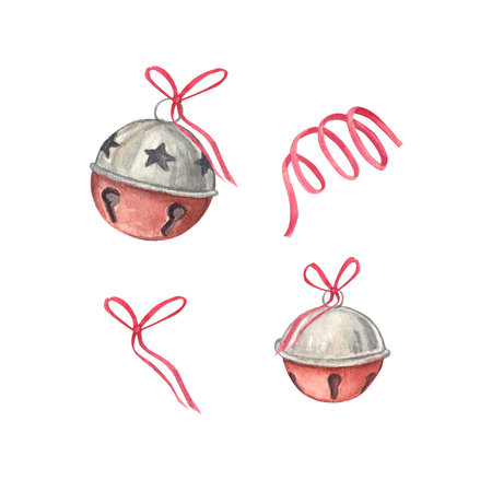 A set of Christmas bells with bows on a white background. Watercolor illustration of new jewelry. Christmas tree toys. Xmas. Suitable for Christmas compositions and New Year's holidays. design, packの写真素材