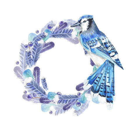 Round frame of blue feathers a blue jay isolated on a white background. Watercolor illustration of a wreath of bird feathers. The drawing is suitable for greeting cards, invitations, covers, designの写真素材