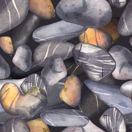 Seamless pattern with sea stones. Watercolor illustration of the sea bed. Gray, striped, round, yellow stones. Pebbles on the bottom. Suitable for design, background, packagingの写真素材