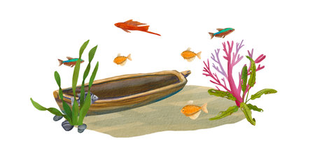 A boat sunken at the bottom of the ocean. Watercolor illustration of the underwater world with algae and corals. Coral reef with fish. island collection. cartoon style. Suitable for packaging, designの写真素材