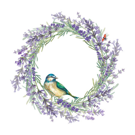 Round frame made of Provencal lavender flowers with a blueberry. Watercolor illustration of purple flowers. botanical plants. A wreath with a place for the text. Suitable for postcards, leaflet, packの写真素材